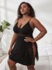 Plus Size Solid Contrast Lace Trim Cami Sexy Nightdress; Women's Plus Slight Stretch Semi Sheer Loungewear